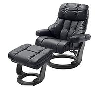 Robas Lund Fauteuil inclinable Calgary XXL avec tabouret, peut supporter jusqu'à 180 kg, cuir véritable noir, structure en bois noir,64038SX5