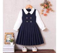Robe 2 en 1 pour jeune fille avec col claudine bleu marine, double boutonnage et ourlet plissé, manches longues. Convient pour un style casual, élégant, bureau ou école. 6Y,7Y,8Y,4Y,5YBlocs de couleur