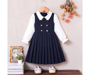 Robe 2 en 1 pour jeune fille avec col claudine bleu marine, double boutonnage et ourlet plissé, manches longues. Convient pour un style casual, élégant, bureau ou école. 6Y,7Y,8Y,4Y,5YBlocs de couleur