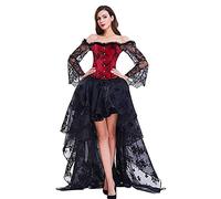 Robe 2 pièces à épaules dénudées pour femme de style steampunk victorien, médiéval, gothique, corset avec jupe asymétrique en dentelle (Rouge, S)