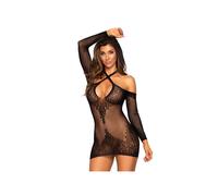 Robe 86956 Col Croisé Résille & Motifs Floraux Noire