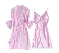 Robe à bretelles spaghetti en dentelle sexy pour femme Pyjama en satin de soie Robe kimono et robe à bretelles fines avec soutien-gorge Vêtements de nuit doux et confortables Sous-vêtements lisses