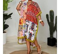 Robe à capuche à col en V avec imprimé color block et franges pour femmes grandes tailles. Style ample, bohème, mi-long à long, avec une atmosphère de vacances balnéaires décontractée pour l'été. 0XL,