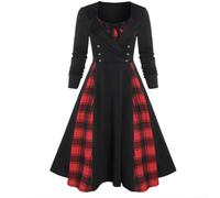 Robe à carreaux pour femme à manches longues de style gothique médiéval avec grande jupe trapèze et double boutonnage sur le devant pour des tenues uniques (L rouge)