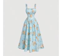Robe à col à volants, boutons et bonnets froncés, bleu clair à fleurs, pique-nique, vacances, tea party, été, modeste, élégante, cottage..Halloween.Rentrée scolaire. L,M,S,XL,XS,XXL,XXS,XXXL,XXXXLImpr
