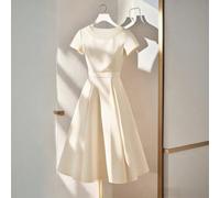 Robe à col rond et manches courtes pour femmes, décoration de perles, silhouette évasée, taille élastique, tissu tissé, élégante et à la mode, robe de réception pour invités, dernière robe, robe de so