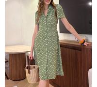 Robe à col V à volants à manches courtes à simple boutonnage avec imprimé marguerite, style romantique campagnard L,M,S,XLGéométrique,Tout ImpriméTissu tissé