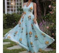 Robe à encolure en V, dos nu, coupe évasée, base bleue avec imprimé floral jaune, convient pour les vacances d'été sur une île, sexy style Y2K décontracté pour les vacances à la plage, nouveau festiva