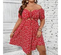 Robe à épaules dénudées avec imprimé floral ditsy, découpe et cordon à l'avant pour les vêtements du Nouvel An 0XL,1XL,2XL,3XL,4XLimprimé floralTissu tissé