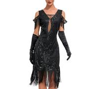 Robe à franges Gatsby des années 20 pour femme - Robe courte à franges - Doré/noir - Costume Charleston - Épaules dénudées - Robe à paillettes - Carnaval - À franges, Noir , M