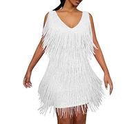 Robe à franges Gatsby des années 20 pour femme - Robe courte à franges - Vert et doré - Costume Charleston - Robe courte à paillettes - Col en V - Carnaval, Blanc., 5XL