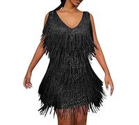 Robe à franges Gatsby des années 20 pour femme - Robe courte à franges - Vert et doré - Costume Charleston - Robe courte à paillettes - Col en V - Carnaval, Noir , M