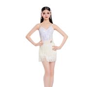 Robe à Franges pour Filles, Costume de Danse Cha Cha Jazz, Tenue de scène à Pompons, Robe Latine, vêtements de Danse de Salon,Blanc,150