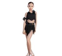 Robe à Franges pour Filles, Jupe de Danse de Salon pour Enfants pour Salsa Rumba cha cha Samba Tango Haut Costume de Danse Professionnelle,Noir,160cm