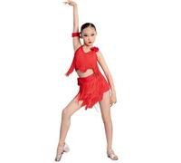 Robe à Franges pour Filles, Jupe de Danse de Salon pour Enfants pour Salsa Rumba cha cha Samba Tango Haut Costume de Danse Professionnelle,Rouge,120cm