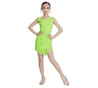 Robe à Franges pour Filles, Robe de Danse Latine à Pompons Salsa Cha Cha, vêtements de compétition pour Enfants Rumba Samba,Fluorescent Green,120cm