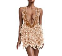 Robe à franges rouge à paillettes pour femme - Sexy - Col en V profond - Pompon - Robe de danse latine - Robe de salle de bal - Sans manches - Paillettes noires - Manches en maille - Pour latin tango