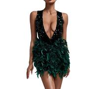 Robe à franges rouge à paillettes pour femme - Sexy - Col en V profond - Pompon - Robe de danse latine - Robe de salle de bal - Sans manches - Paillettes noires - Manches en maille - Pour latin tango