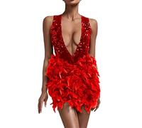 Robe à franges rouge à paillettes pour femme - Sexy - Col en V profond - Pompon - Robe de danse latine - Robe de salle de bal - Sans manches - Paillettes noires - Manches en maille - Pour latin tango