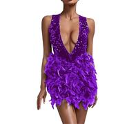 Robe à franges rouge à paillettes pour femme - Sexy - Col en V profond - Pompon - Robe de danse latine - Robe de salle de bal - Sans manches - Paillettes noires - Manches en maille - Pour latin tango