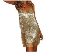 Robe à Franges Scintillantes avec Col en V Profond Et Paillettes Spaghetti Costume Samba Robe Danse Latine Robe Femme Soiree De Gala Mariage Rockabilly Mini Robe à Franges Personnalisable Pas Cher