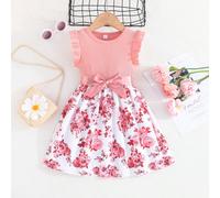 Robe à la mode pour la nouvelle arrivée d'été pour jeune fille avec des poignets à volants et un design de poche, avec impression florale et des détails de patchwork rayés 6Y,7Y,4Y,5YBlocs de couleur,