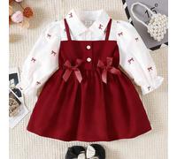 Robe à ligne A 2 en 1 avec manches bouffantes et col pour bébé fille, bordeaux, automne, mignonne, demoiselle d'honneur, assortie à la famille, rentrée scolaire, formelle, douce, ludique, look superpo