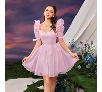 Robe à ligne A avec nœud, encolure en forme de cœur et manches bouffantes. Convient pour le printemps/été, les brunchs, les promenades au parc, le port décontracté quotidien, les rencontres autour d'u