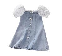 Robe à manches bouffantes en maille et dentelle pour petite fille - Robe d'été en jean - 5 ans (bleu, 4 à 5 ans)