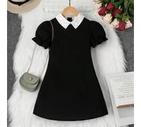 Robe À Manches Bouffantes Et Col Peter Pan Orné De Perles Noires Pour Jeune Fille 6Y,7Y,4Y,5YBlocs de couleur,UnicoloreÉtoffe