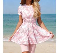 Robe à manches courtes avec imprimé végétal et pantalon de couleur unie 2 pièces, tenue de plage pour femmes en vacances au Moyen-Orient L,M,S,XL,XS,XXL,XXSImprimés aléatoiresPolyamide,Polyester