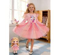Robe à manches courtes avec superposition en maille à imprimé licorne arc-en-ciel, style princesse mignon, convient pour les fêtes et les sorties décontracté, pour filles en automne/hiver 6Y,7Y,4Y,5YC