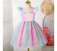 Robe à manches courtes avec volants, imprimé licorne arc-en-ciel et écailles de poisson pour jeune fille, tissu transparent, tenir éloigné du feu 6Y,7Y,4Y,5YGéométriqueTissu en tulle