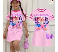 Robe à manches courtes minimaliste décontractée pour préadolescentes, avec portrait de fille de dessin animé, pentagramme, rose crème, superstars K-pop, groupe de filles de dessin animé. Convient pour