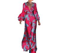 Robe à Manches Femmes Col en V Imprimé Tempérament Taille Haute à la Mode Confortable Robes Encolure, A, S