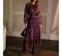 Robe à manches lanternes, col lavallière, ourlet volant, avec imprimé floral tout-sur-tout en mousseline et volants L,M,S,XSBlocs de couleur,Tout ImpriméMousseline