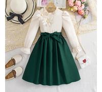 Robe à manches longues avec col volant, design de fleurs 3D perlées, ourlet à volants contrastés et ceinture décorative à la taille. Convient pour le printemps et l'automne 8Y,9Y,10Y,11Y,12YUnicoloreP
