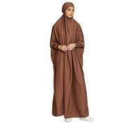 Robe à Manches Longues en Satin de Couleur Unie pour Femmes, Robe Maxi du Dubai Arabe Marocain Moyen-Orient, Robe Musulmane avec Hijab Coffee Une Taille