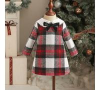 Robe à manches longues évasée avec col Peter Pan, contraste de couleurs, décoration de nœud à carreaux rouges pour bébé fille, Noël et Nouvel An 6-9M,9-12M,12-18M,18-24M,2-3YCarreauÉtoffe