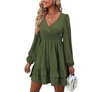 Robe à Manches Longues Femme Col en V Casual Midi Elegante Chic Courte Manche Lanterne Garniture à Volants Automne Chic et Elegant Jupe de Plage
