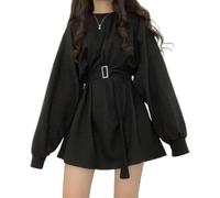 Robe à Manches Longues Femmes Solide Harajuku Rétro Taille Haute Casual Streetwear Automne Mode Ceintures Mince Style Coréen Confortable A-Ligne, Black, L