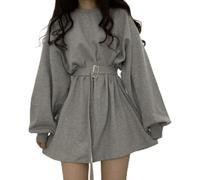 Robe à Manches Longues Femmes Solide Harajuku Rétro Taille Haute Casual Streetwear Automne Mode Ceintures Mince Style Coréen Confortable A-Ligne, Grey, XL