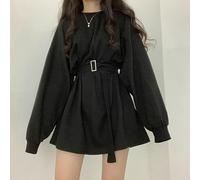 Robe à Manches Longues Femmes Solide Harajuku Rétro Taille Haute décontractée Streetwear Automne Mode Ceintures Mince Style coréen Confortable -Noir-S