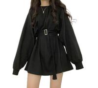 Robe à Manches Longues Femmes Solide Harajuku Rétro Taille Haute décontractée Streetwear Automne Mode Ceintures Mince Style coréen Confortable -Noir-S