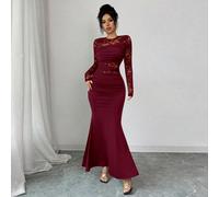 Robe à manches longues minimaliste en soie de lait plissée avec dentelle, col rond extensible, convient pour les soirées célibataires et les rassemblements L,M,SPlantesTissu tricoté