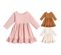 Robe à manches longues pour bébé fille - Robe de fête d'hiver décontractée - Taille haute - Col rond - Élégante robe pour soirée, mariage, anniversaire, bal, carnaval, Noël, rose, 3-4 ans