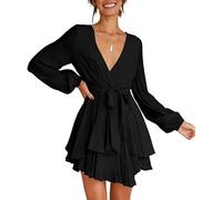 Robe à Manches Longues pour Femme Mini Robes Col en V Elegante Chic Robe Courtes a Manche Lanterne Casual Garniture à Volants Robes Automne Chic et Elegant avec Ceinture