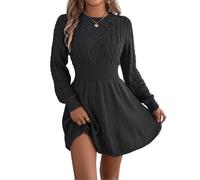 Robe à manches longues pour femme - Robe courte unie à taille cintrée - Robe tricotée à col rond - Mini robe pull en tricot torsadé, Noir , XL
