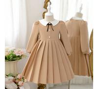 Robe à manches longues pour jeune fille avec col Peter Pan, colorblocking et nœud 6Y,7Y,4Y,5YUnicolorePolyester