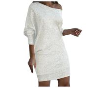 Robe à manches trois-quarts avec col en V et paillettes pour femme, élégante robe de soirée à épaules dénudées pour le printemps et l'été, Argent, Medium